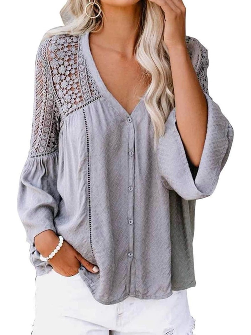 NWOT FARYSAYS Boho Crochet Lace Bell Sleeves Button-Up Blouse - Gray (XL)